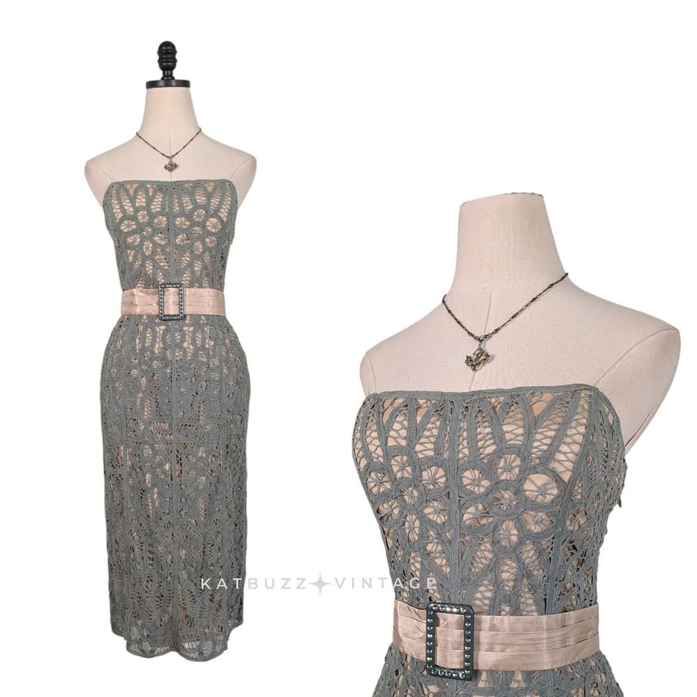 Vintage Betsey Johnson Midi Dress 10 Green 90s Y2K Crochet Lace Grunge Strapless - Picture 1 of 16